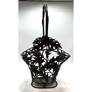 Antiqued Metal Basket With Metal Leaves 15.25X9.25X7'' Heavy Fan Shaped